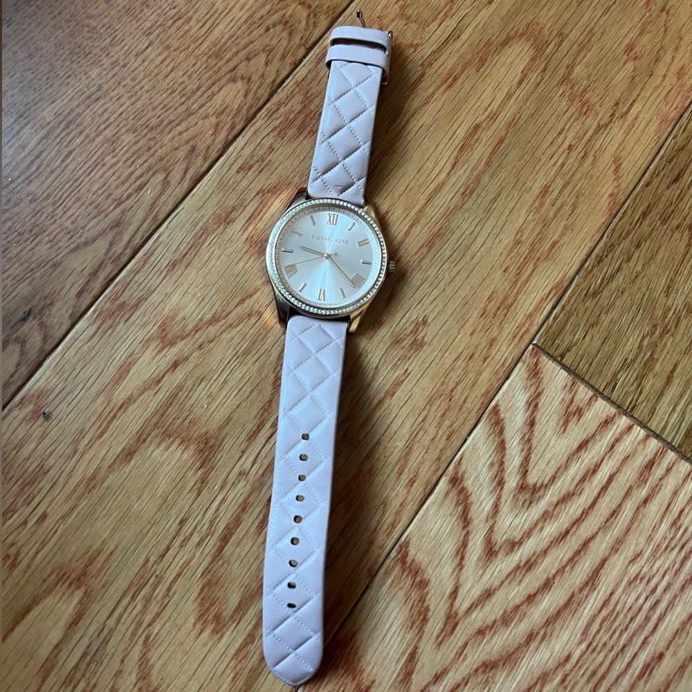 Michael Kors rose gold watch with quilted blush leather strap